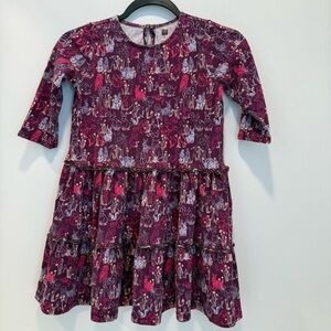 Tea Collection Girls Tiered Dress Purple Rabbit Owl Keyhole Neck 100% Cotton 7